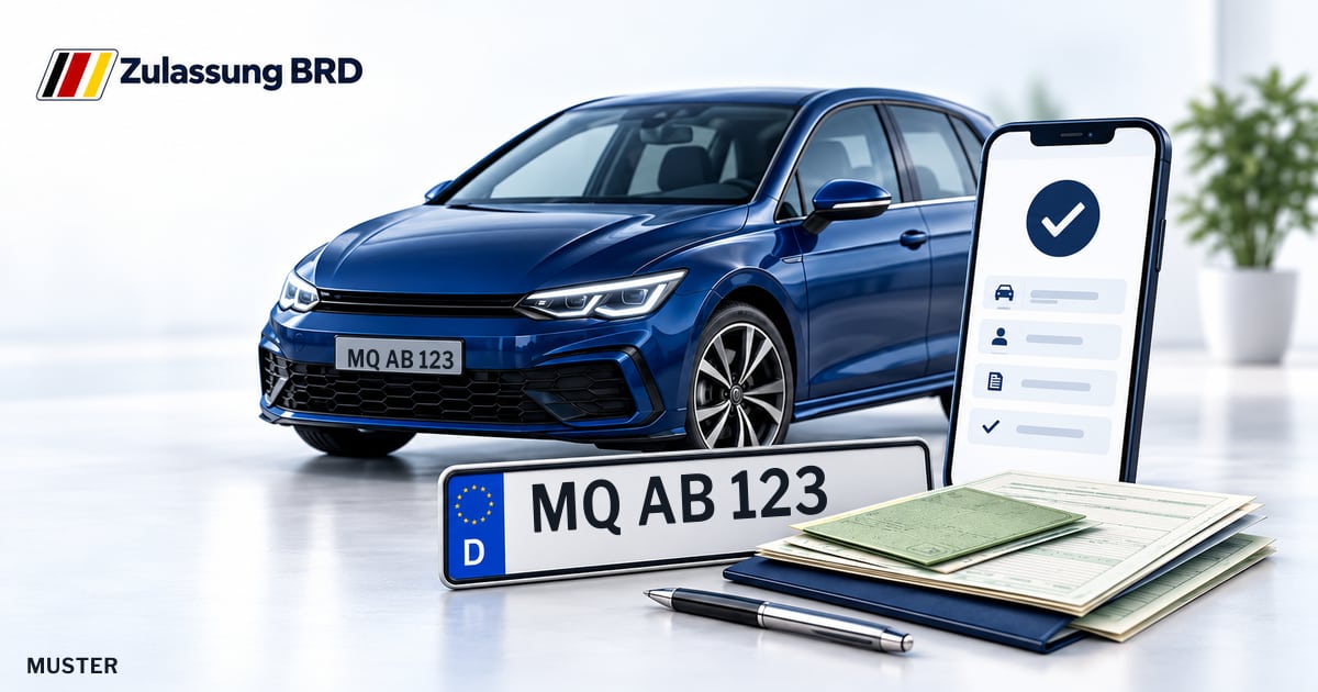 Online Fahrzeugzulassung in Schkopau: Musterkennzeichen MQ AB 123, Auto und Fahrzeugpapiere und Smartphone. Illustration mit Logo von Zulassung BRD.